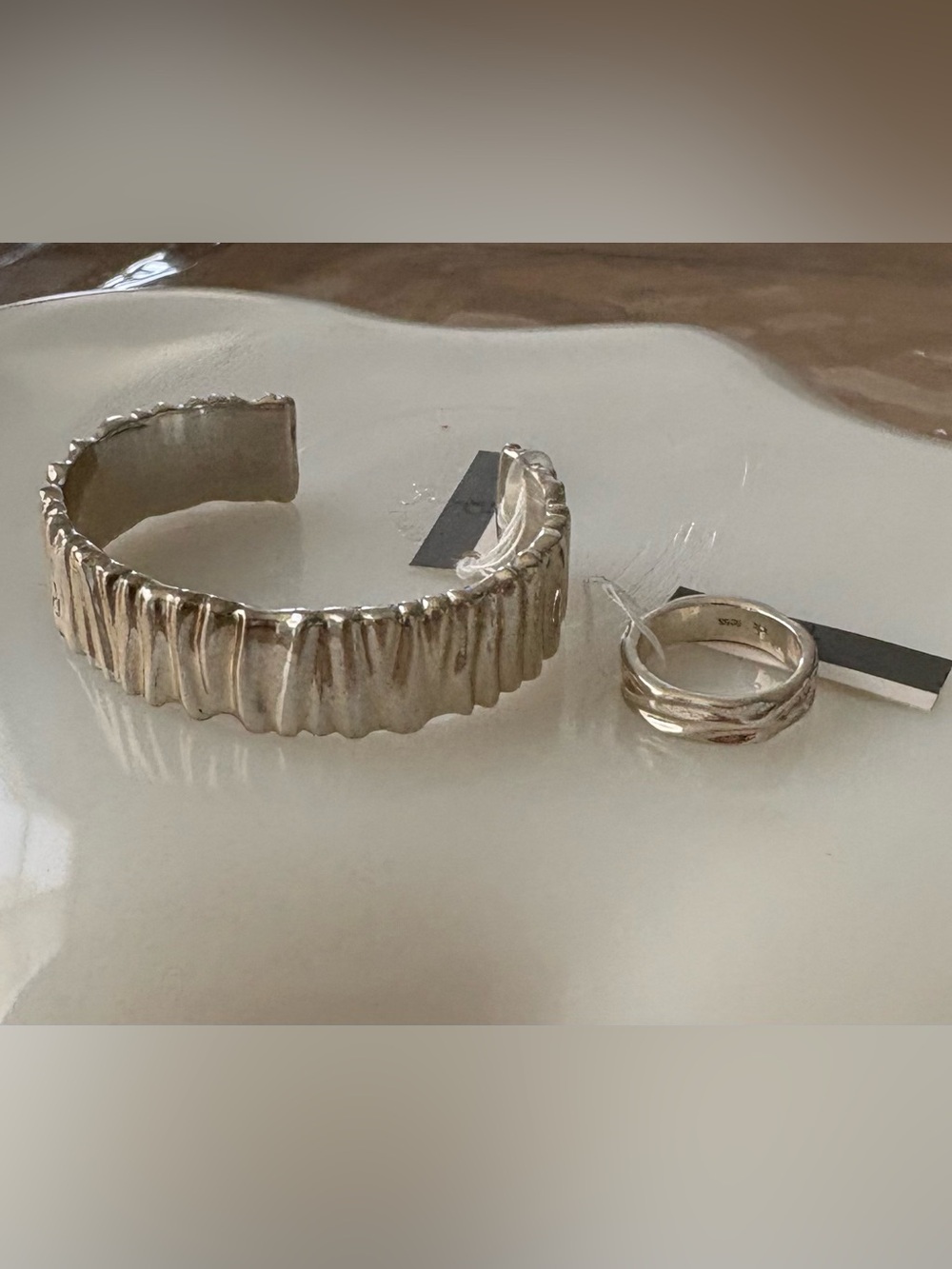 Calvin Klein Sterling Silver Textured Cuff Bracelet with Matching Band Ring Set